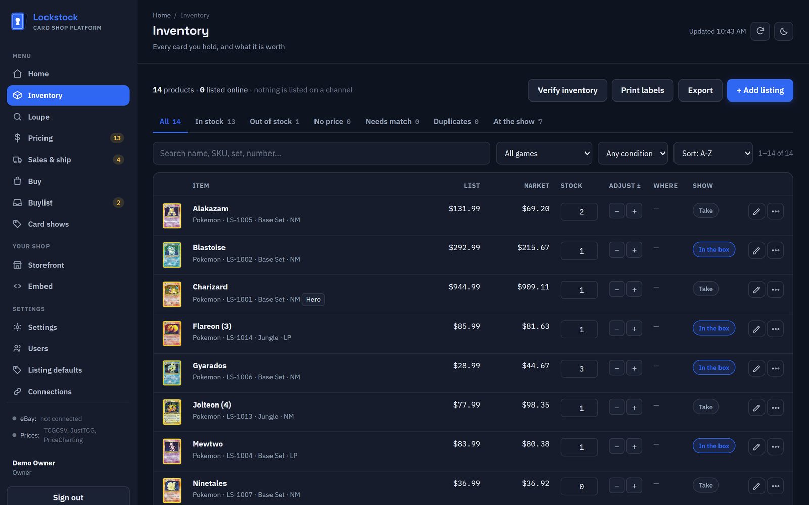 The inventory list with list price, market price, stock and shelf location