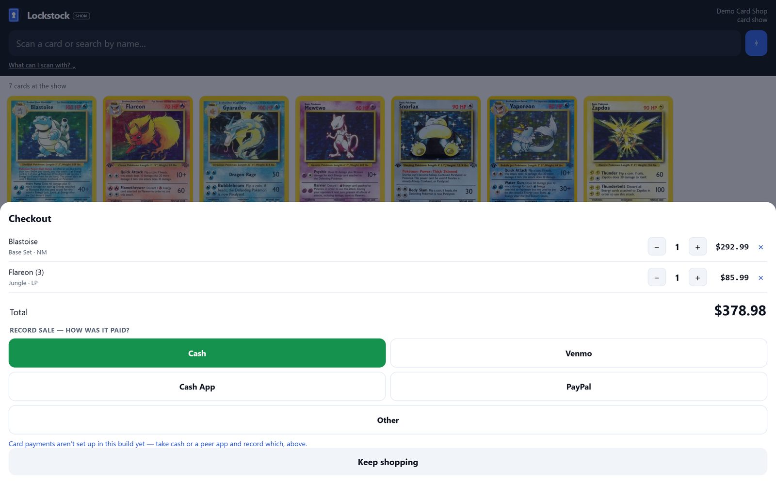 The card show register: two cards in the cart, pick how it was paid