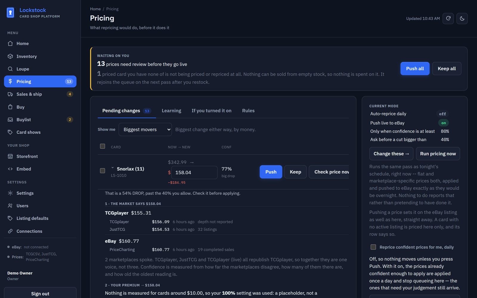 The pricing review queue with one suggestion opened to show its working